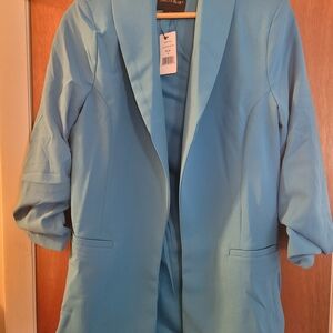 Dakota Blue Dark Turquoise Open-Front Blazer with Ruched Sleeves